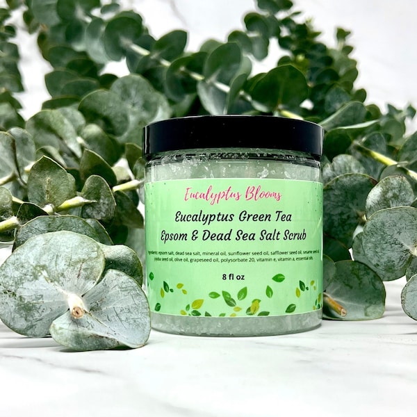 Eucalyptus Shower Salt Scrub with Green Tea, Bath Scrub, Bath Salts, Skincare, Acne Relief, Eczema, Psoriasis, Dry Skin Rub, Smooth Skin