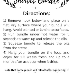 A PNG file showing the directions on how to use the shower eucalyptus bundle.