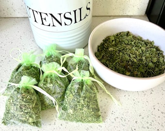 Fresh spearmint sachets, USA sourced and organic, fragrant spearmint bags for odor elimination, tea blends, or natural potpourri.