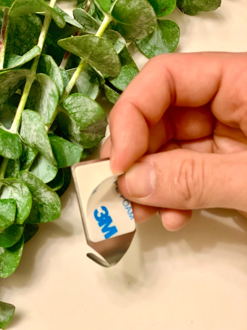 This picture shows a hand removing the film from the adhesive hook to place on the wall.