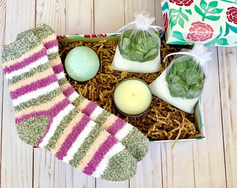 Eucalyptus Shower Bundle Box, Soy Vanilla Candle, Fuzzy Socks, Eucalyptus Bath Bomb, Thinking of You Gift, Thank You Gift, Eucalyptus Pouch