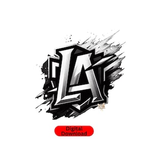 May include: A black and white graphic design of the letters "LA" in a bold, stylized font. The letters are surrounded by a black and white splatter effect, creating a dynamic and edgy look.