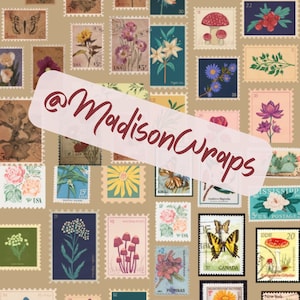 May include: A collage of vintage-style postage stamps featuring botanical illustrations of flowers, mushrooms, and butterflies. The stamps are in various colors, including pink, yellow, and blue, with text and numbers. The text "@MadisonWraps" is overlaid on the image.