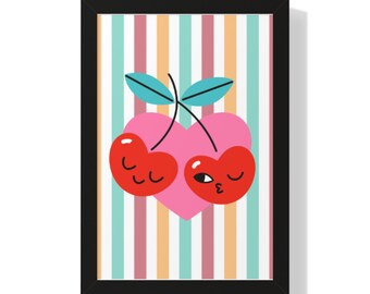 Retro Cherry Heart Poster Digital Print, Wall Art, Rainbow Poster, Cute Hanging Room Decor