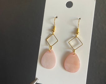 Gold Diamond + Circular Pink Dangle Earrings