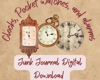 Clocks, Pocket Watches, Alarm Clocks, Roman Numerals Junk Journal Scrapbooking Vintage Themed Digital Download Printables