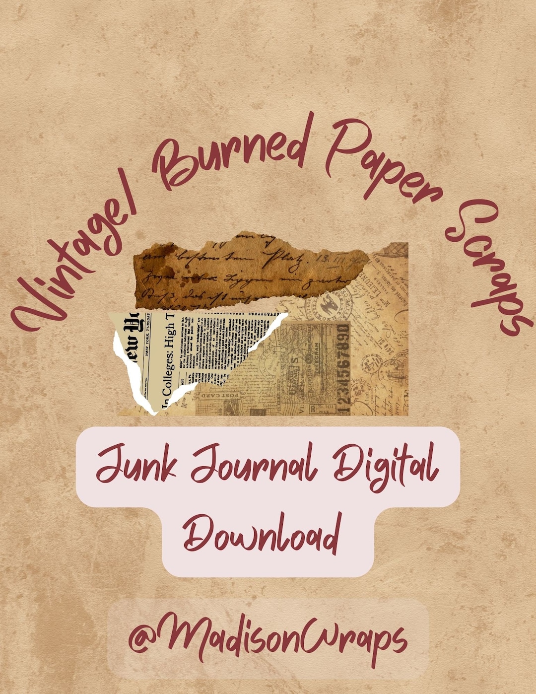 Paper Scraps Burned / Vintage/ Cursive Junk Journal Digital Paper ...