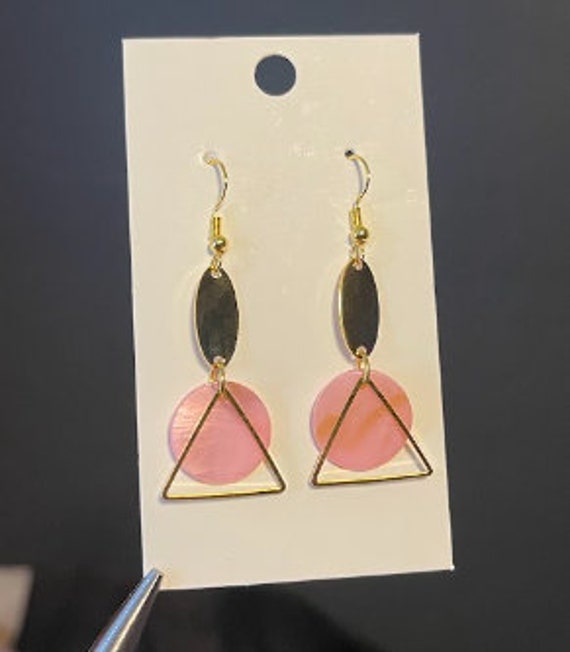 Gold and Pink Geometric Earrings Pink Geometric Triangle Earrings • Open Acrylic Drop  main image 3