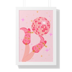 Pink Cowgirl Boots Disco Ball Poster Digital Print, Wall Art, Poster, Cute Hanging Room Decor