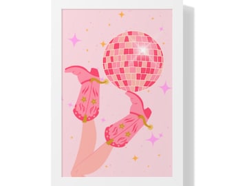 Pink Cowgirl Boots Disco Ball Poster Digital Print, Wall Art, Poster, Cute Hanging Room Decor