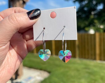 Silver Crystal Flower / Heart Charm Hoop Earrings