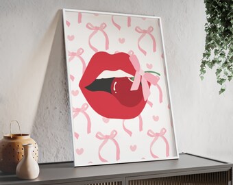 Lips, Cherry, Bows Poster Digital Print, Wall Art, Poster, Cute Hanging Room Decor