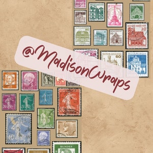 May include: A collection of vintage postage stamps featuring various designs, including buildings, people, and landscapes. The stamps are arranged in rows on a beige background. The text "@MadisonWraps" is written in a pink and red font across the image.
