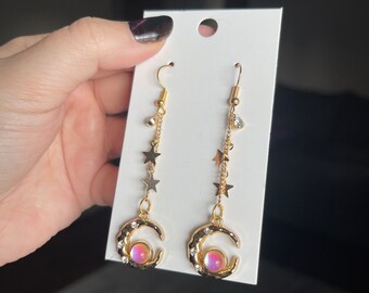 Gold Opal Crystal Moon Star Dangle Earrings
