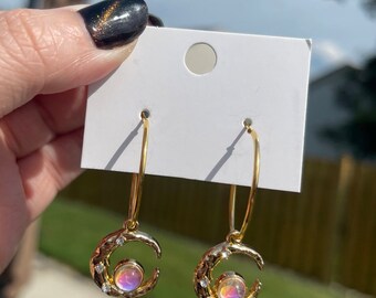 Gold Opal Crystal Moon Hoop Earrings