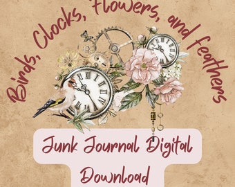 Clock, Bird, Flower, Lock and Key Junk Journal Classroom Vintage Themed Digital Download Printables