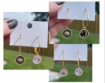Gold Sun Moon and Stars Hoop Earrings