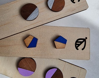 Three geometric wooden stud earrings