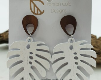 White wooden monstera earrings