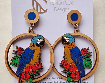 Boucles D'oreilles Perroquet En Bois Peint Main - Vintage Années 80 - Léger Et Coloré - Occasion