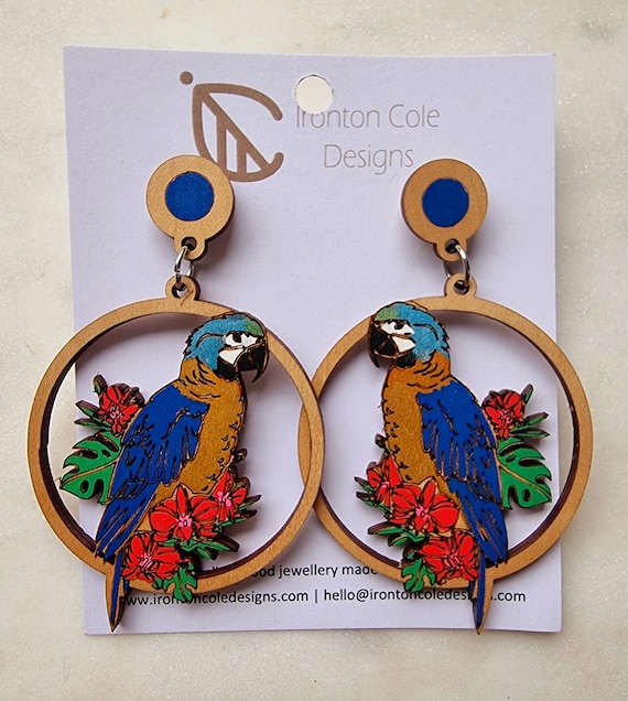 Parrot bird wooden earrings