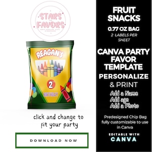 Crayon Color Birthday Party Personalized Fruit Snacks Wrapper Label CANVA templates Custom Favor snack bags favors DIGITAL DOWNLOAD