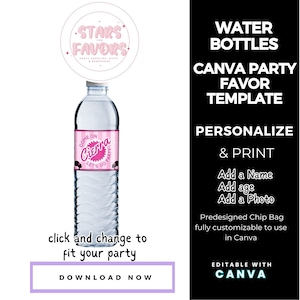 Afro Fashion Doll Lets Go Party Birthday Party Water Bottle Wrapper Label CANVA templates Custom Favor bags snack bags favors