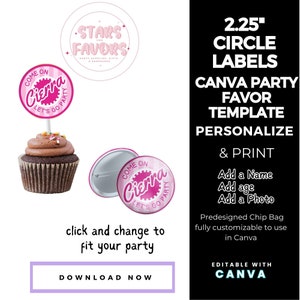 Afro Fashion Doll Lets Go Party Birthday Party Circle Labels CANVA templates Custom Favor Cupcake Topper Buttons bags snack bags favors