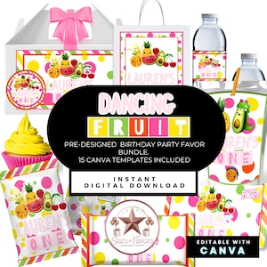 Hey Sensory Dancing Fruit Birthday Party Favor Bundle –Kawaii Dancing Fruits, First Birthday, Neon Dancing Fruit 15 Editable Canva Templates
