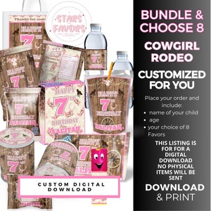 Choose 8 Pink Cowgirl Rodeo Birthday Party Favor bundle, Western party favor package custom chip bags snack bags kids favor DIGITAL DOWNLOAD