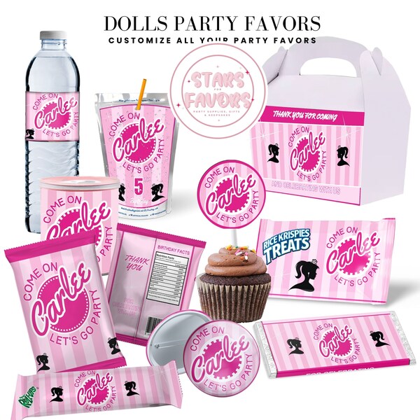 Pink Fashion Dolls Birthday Party Custom Party Favor custom party bundle, Barbie party favor package custom chip bags snack bags kids favors