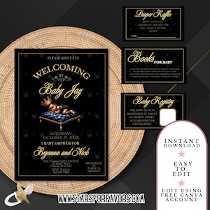 Invitaciones para baby shower del Principito: Tema real en negro y dorado (Plantilla de Canva para descarga digital)
