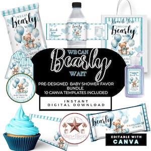Wir können Bärenbaby-Dusche Favor Bundle warten Blauer Teddybär Thema Sofortiger Download Canva Vorlagen bearbeitbare Wrapper Junge moderne Baby-Dusche
