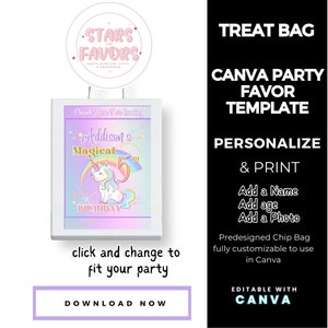 Magische Einhorn Geburtstag Party Leckerli Tasche CANVA Vorlagen Benutzerdefinierte Favor Gastgeschenk benutzerdefinierte Party Taschen Snack Taschen Gefälligkeiten