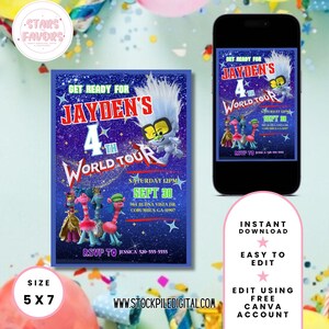 Trolls World Tour Party Birthday Invitation |Trolls Printable invitation | Trolls Party Invite | Digital Troll Party Editable Template Canva