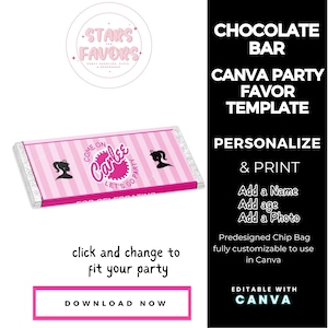 Classic Pink Fashion Doll Birthday Party Chocolate Bar CANVA templates Custom Favor party favor custom chip bags snack bags kids favors