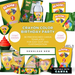 Crayon Color Birthday Party Templates Bundle, Chips, Snacks Favors, Candy Wrappers, Treat Bag Tags Juice Pouch Party Favors Editable Canva
