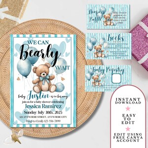 We Can Bearly Wait Baby Shower Bundle with Inserts Diaper Raffle Books | Blue Teddy Bear Theme | Editable Canva Templates | Instant Download