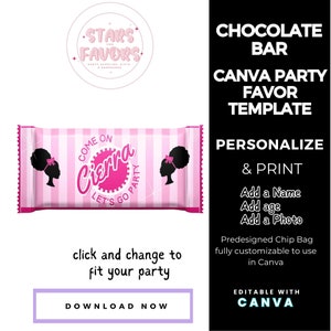 Afro Fashion Doll Lets Go Party Birthday Party Chocolate Bar Wrapper CANVA templates Custom Favor bags snack bags favors