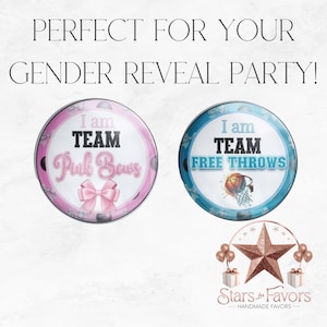 Gender Reveal Button Pins: Team Free Throws vs Pink Bows - Set of 24