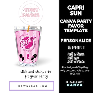 Afro Fashion Doll Lets Go Party Birthday Party Simply Juice Labels CANVA templates Custom Favor party favor bags snack bags favors