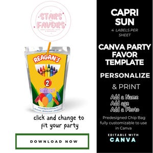 Crayon Color Birthday Party Personalized Juice Pouch Capri Sun Label CANVA templates Custom Favor snack bags favors DIGITAL DOWNLOAD
