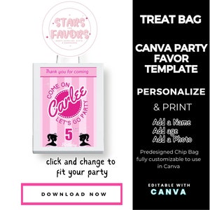 Classic Pink Fashion Doll Birthday Party Treat Gift Bag CANVA templates Custom Favor party favor custom chip bags snack bags kids favors