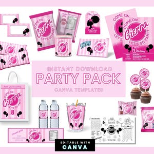 Afro Doll Party Labels, Fashion Girl Birthday, Pink Doll Invite, Doll party favors, Doll Chip bag Canva Template Digital Download
