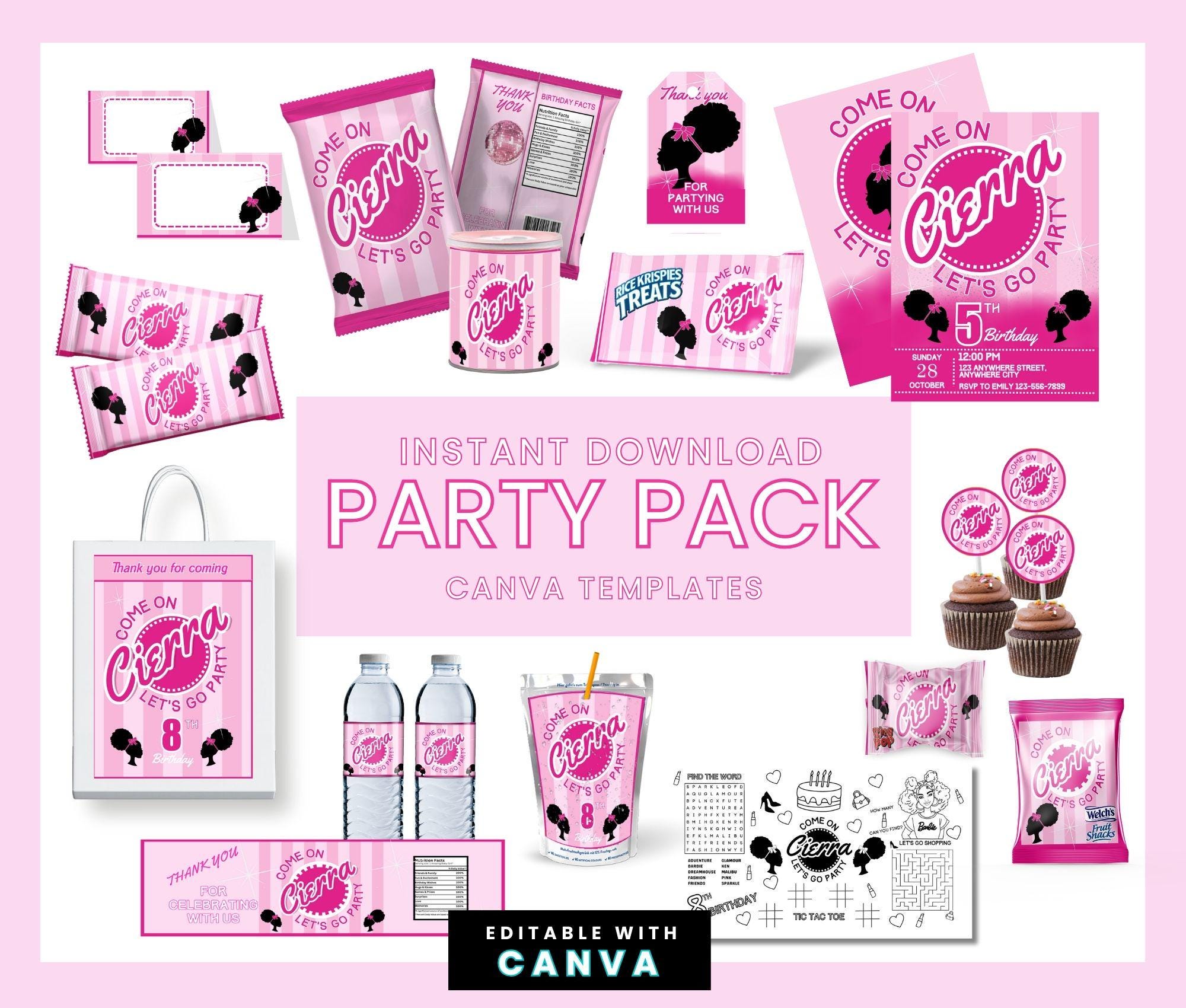 Afro Doll Party Labels, Fashion Girl Birthday, Pink Doll Invite, Doll ...