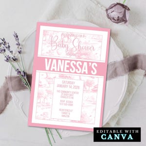 Pink Toile Safari Baby Shower Invitation, Safari Animal Baby Girl Shower | Editable Canva Templates | Digital & Animated Invite Included