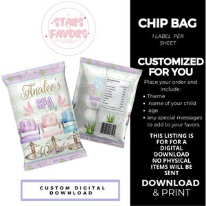 Spa Day Birthday Party Chip Bag Wrapper: Custom Favor Labels (Digital Download)
