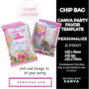 Candy Land Sweets Birthday Party Chip Bag CANVA template Party Favor custom party bundle,party favor custom chip bags snack bags kids favors