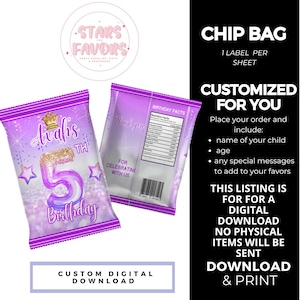 Purple Princess Crown Birthday Party Custom Chip Bag custom party, Princess party personalized custom Treats Favors snack DIGITAL DOWNLOAD