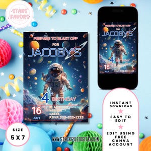 Astronaut Party Birthday Invitation |Space Printable invitation | OuterSpace Party Invite | Digital Astronaut Party Editable Template Canva